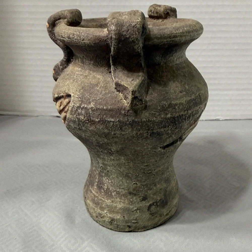 Rustic Style Ceramic Pottery Vase Feather Motif Weathered Finish Loop Handles